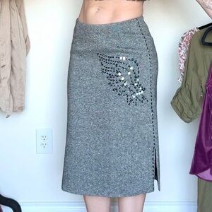 BCBGMAXAZRIA Tweed Y2K Embellished Midi Skirt